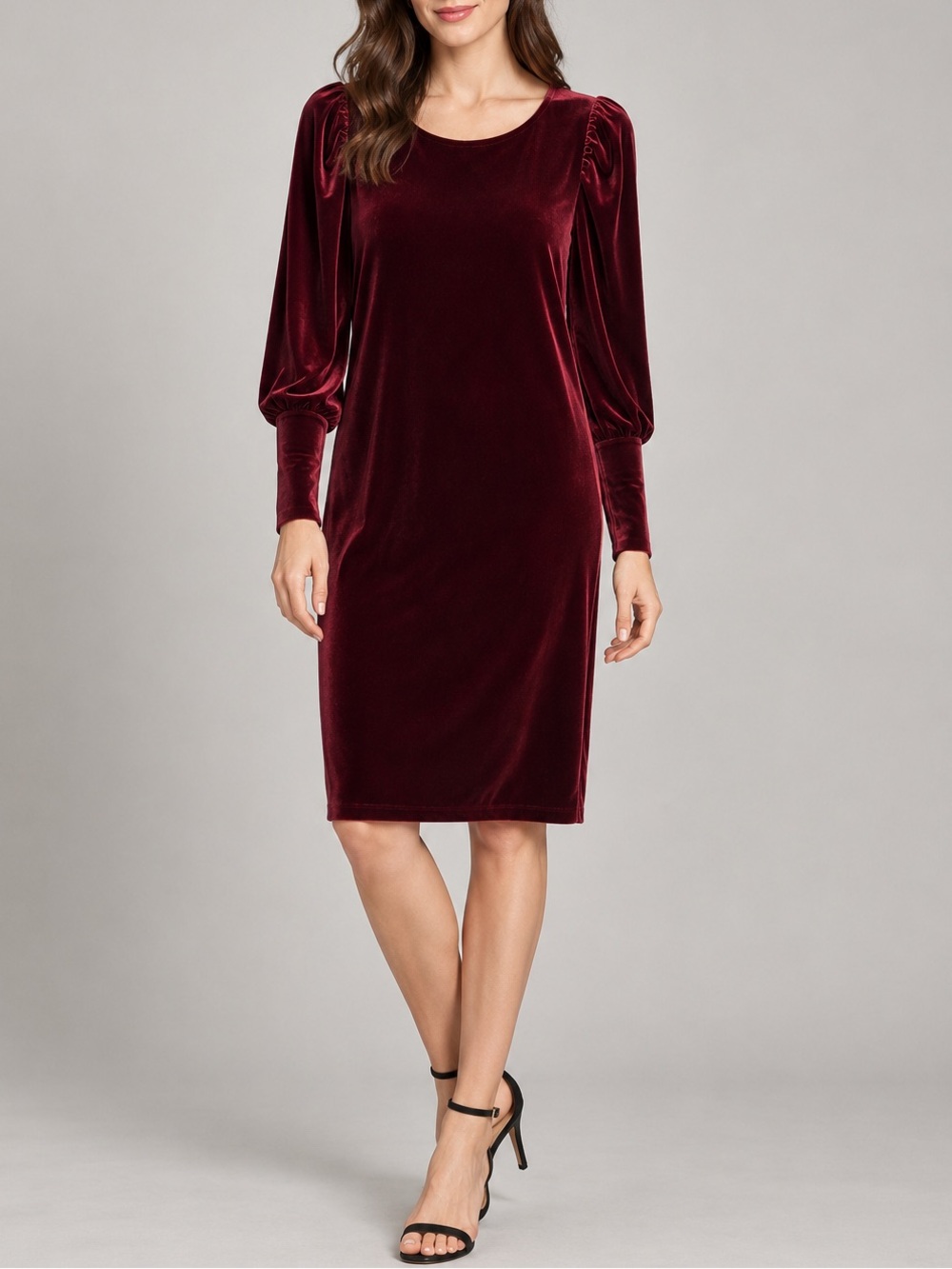 Vince Camuto Burgundy Velvet Long-Sleeve Puff-Sleeve Sheath Dress